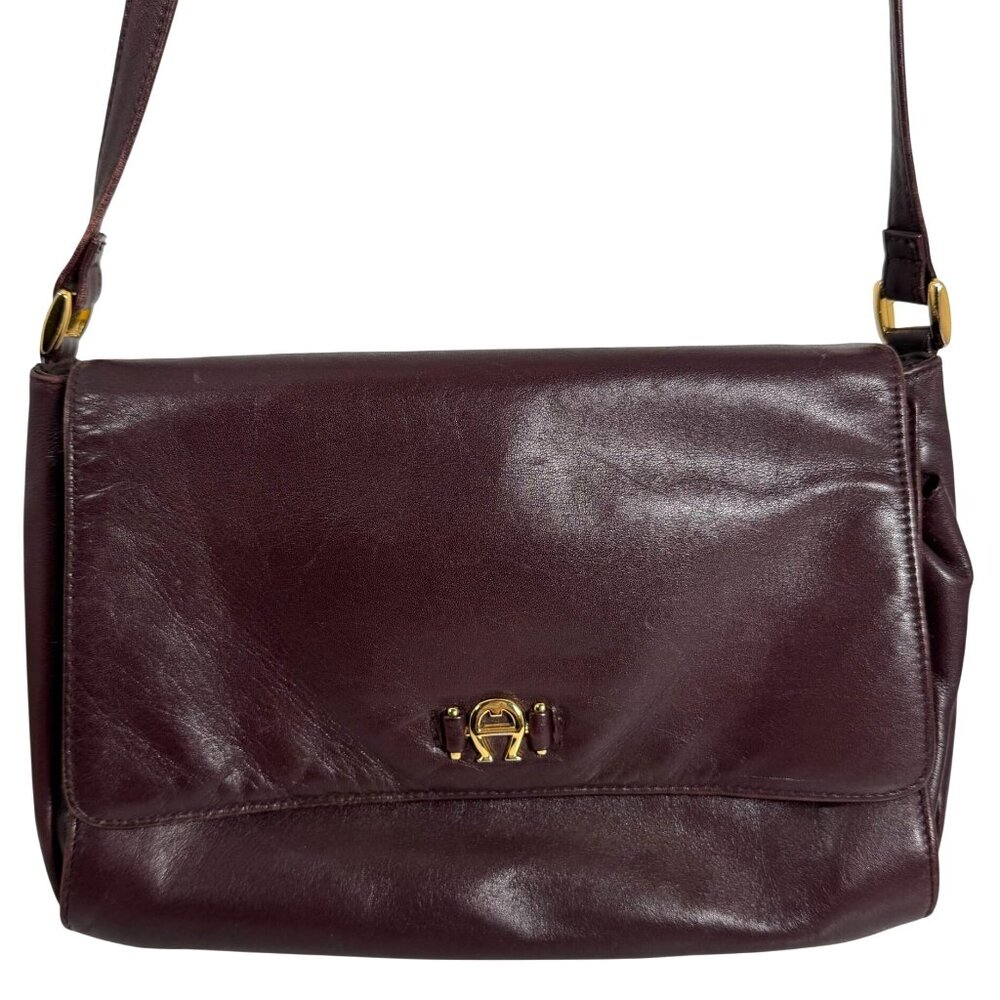 VTG ETIENNE AIGNER Cordovan Eggplant Purple Leather Shoulder Bag Gold Hardware